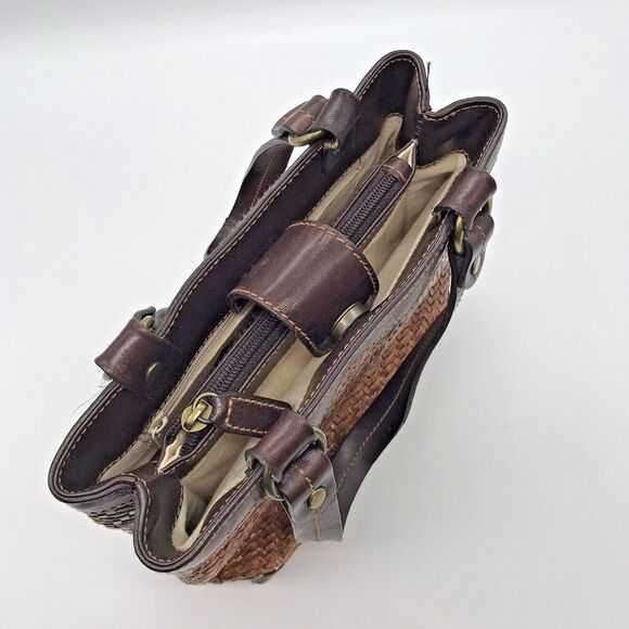 Vintage Fossil Brown Wicker Weave Double Handle Purse 78082 Inside Zip Pocket - Picture 9 of 15